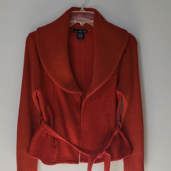 Willi Smith Boiled Wool Cardigan Sweater Belted Womens sz M Shawl Collar Rust - Picture 2 of 8